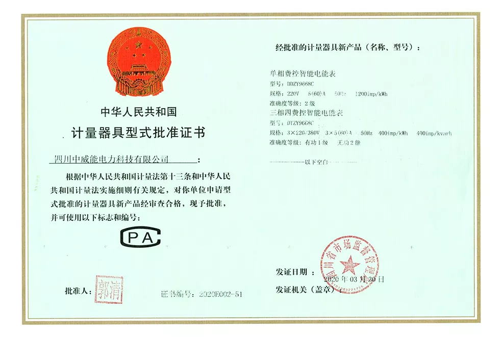 Type Approval Certificate for Measuring Instruments (single-phase)