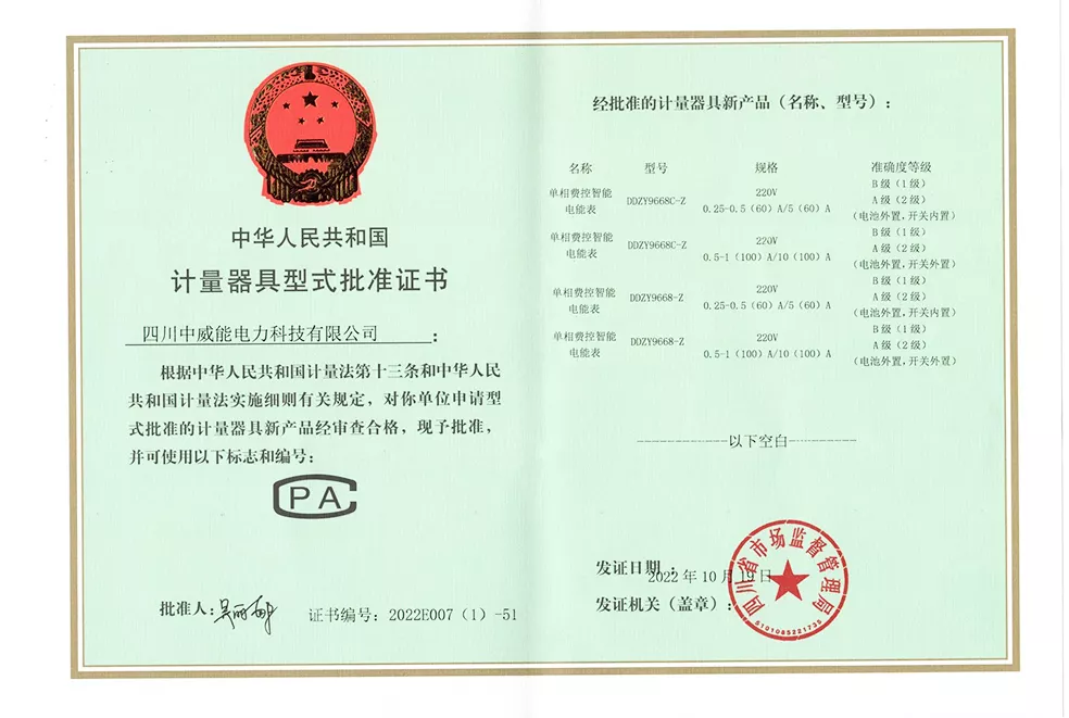 Type Approval Certificate for Measuring Instruments (single-phase)