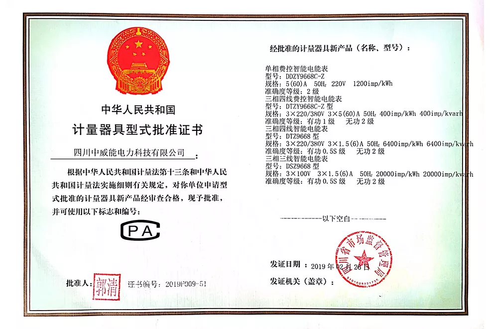 Type Approval Certificate for Measuring Instruments (single-phase)